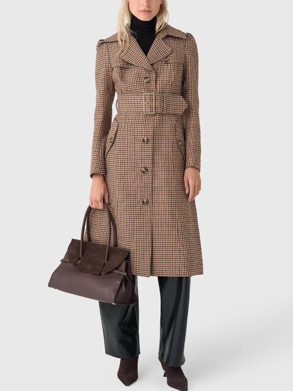 NWT Cara Cara Houndstooth Charlie Long Trench Coat Dante Plaid Small Wool